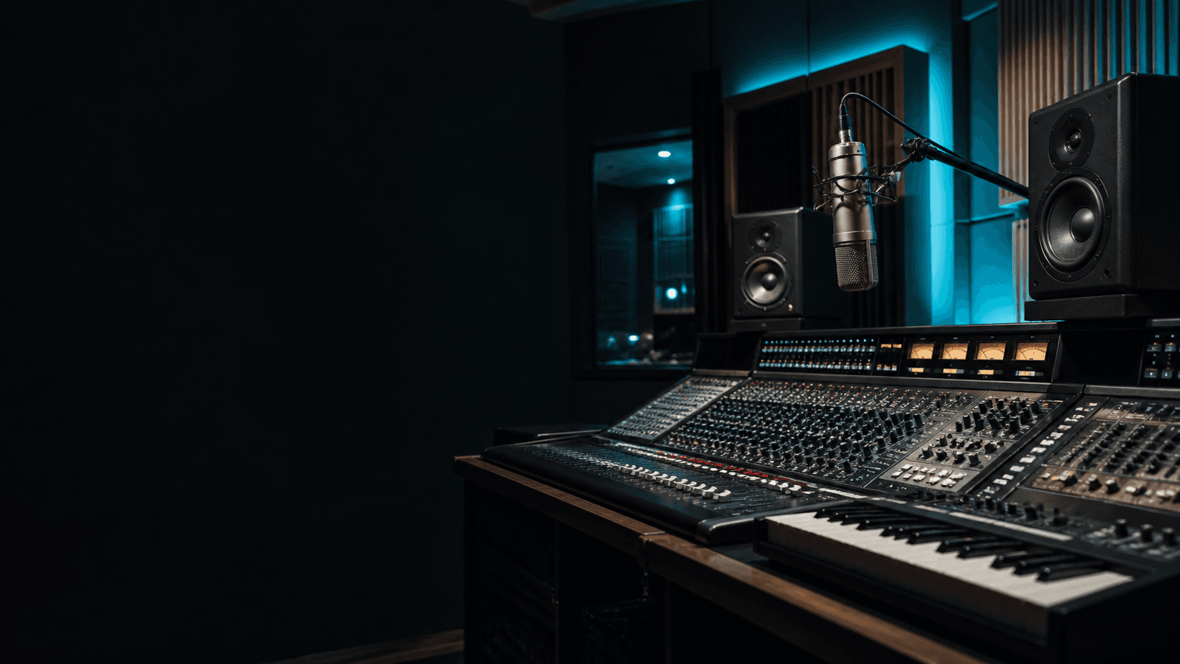 Analog recording console and condenser microphone in a studio